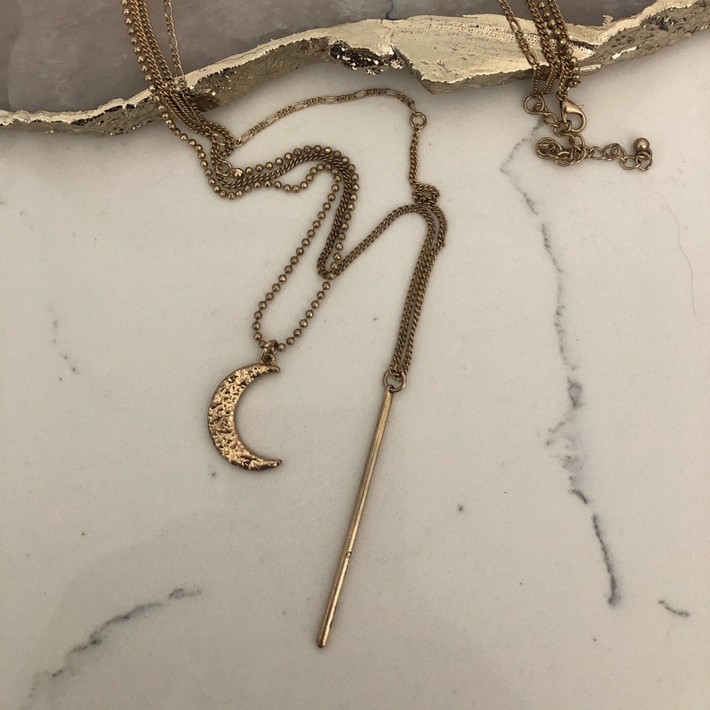 Long layered necklace with bar and moon